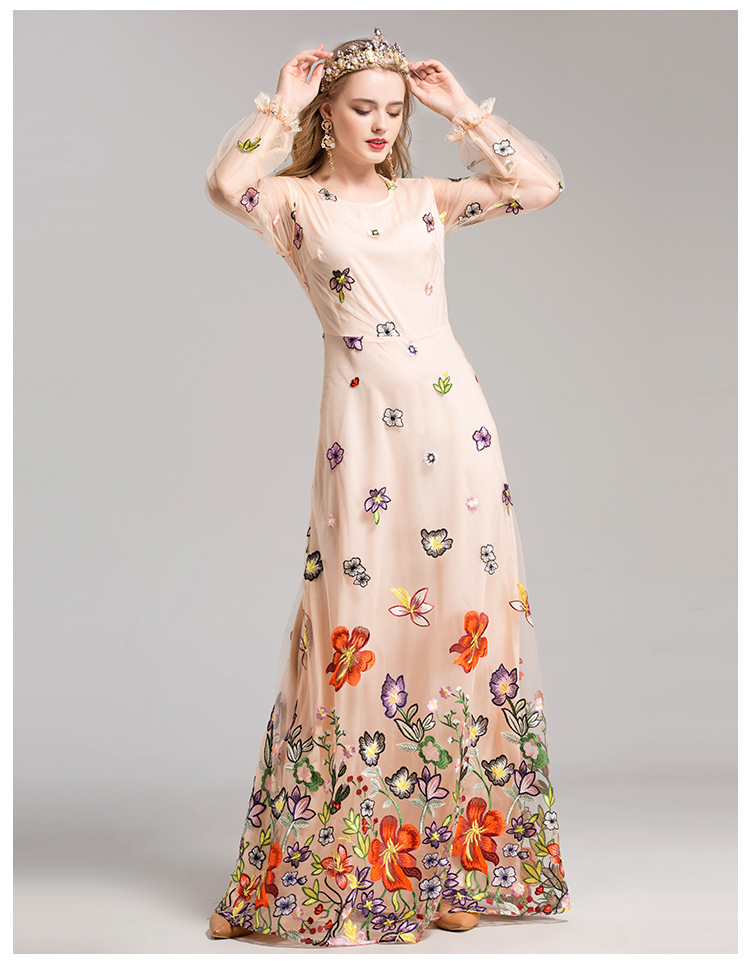花柄の服、花柄ロングワンピース、花柄ロングパーティードレス、オレンジ色の花メッシュロングドレス、フラワーロングドレスウェア