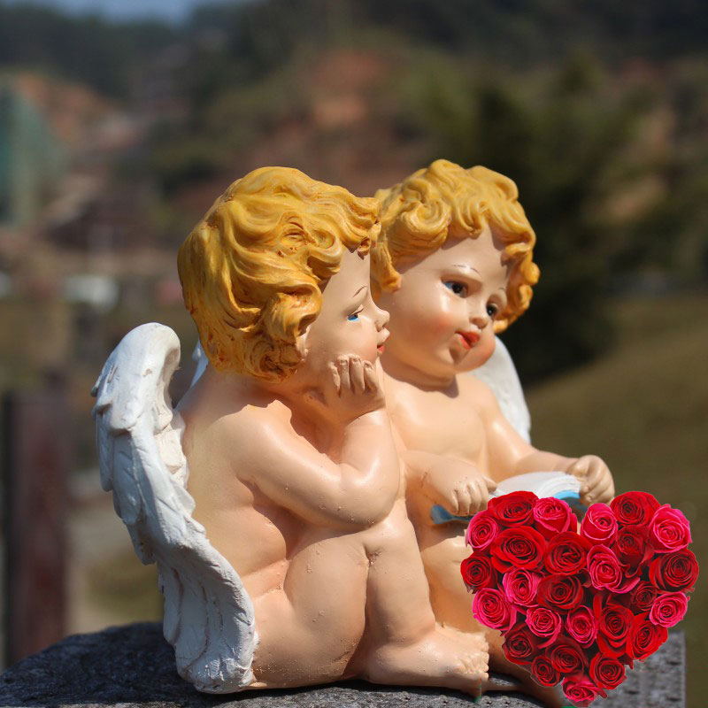 子供の天使置物のキューピット人形、白い小鳥を持つ天使、本を読む天使