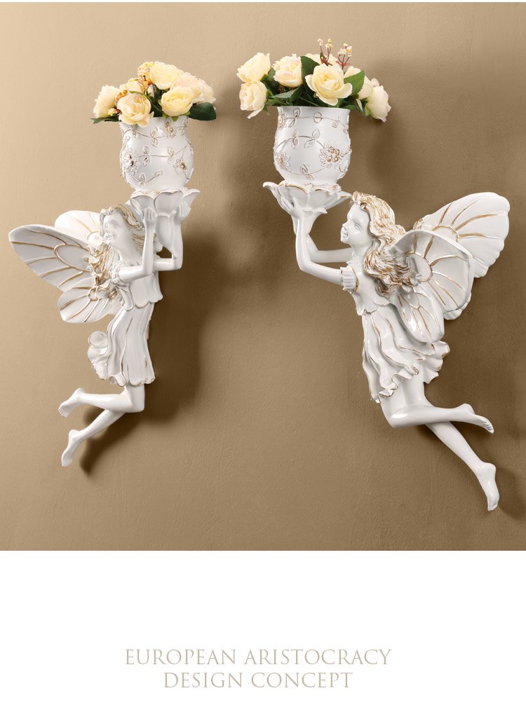 妖精壁掛け置物人形、お花の入った花瓶フラワーベースを持って飛んでいる二人の妖精セット、フェアリーオブジェオーナメントhhdfairy001